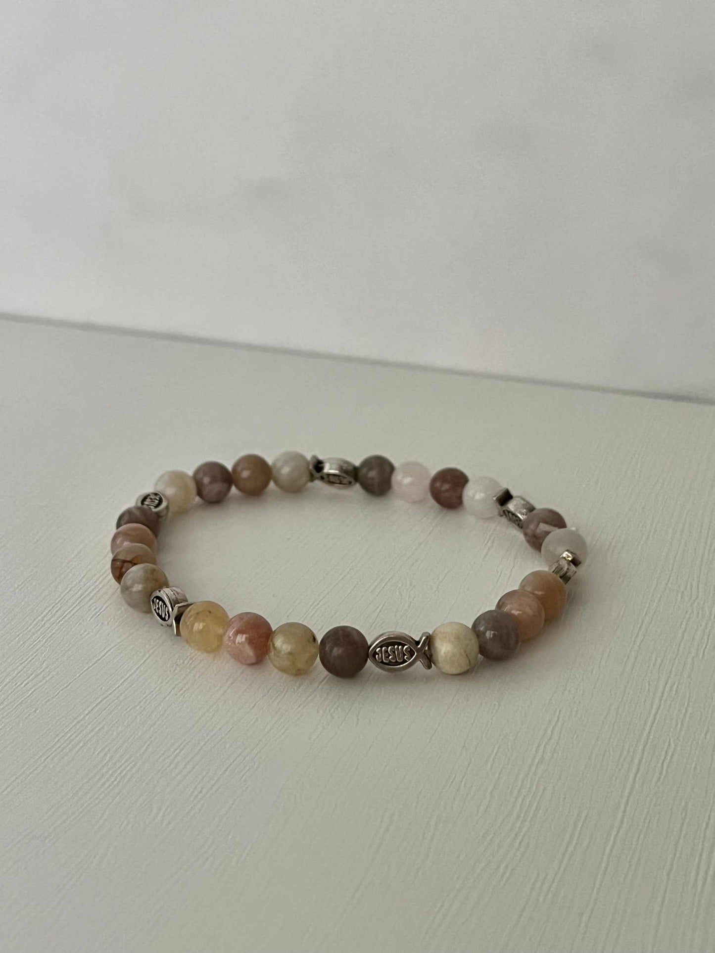 Bead Bracelet – Beige Rose Jesus Fish Faith Jewelry
