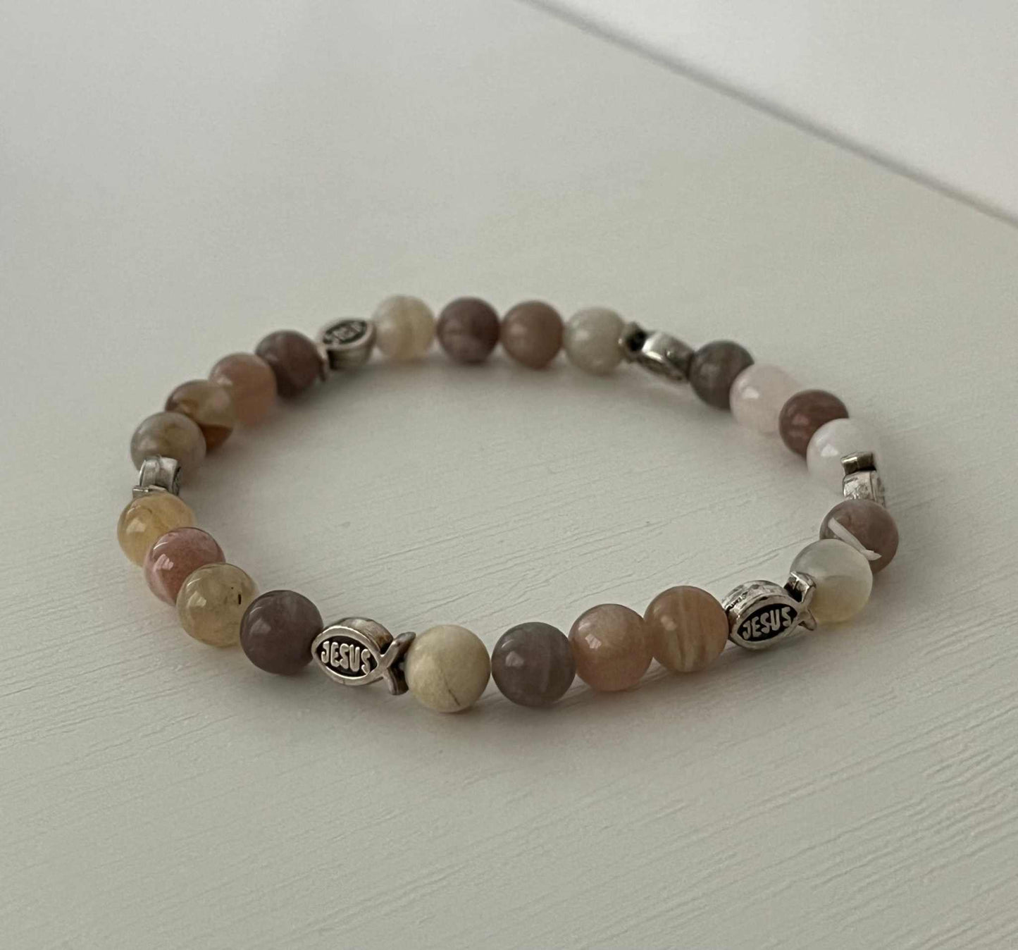 Bead Bracelet – Beige Rose Jesus Fish Faith Jewelry