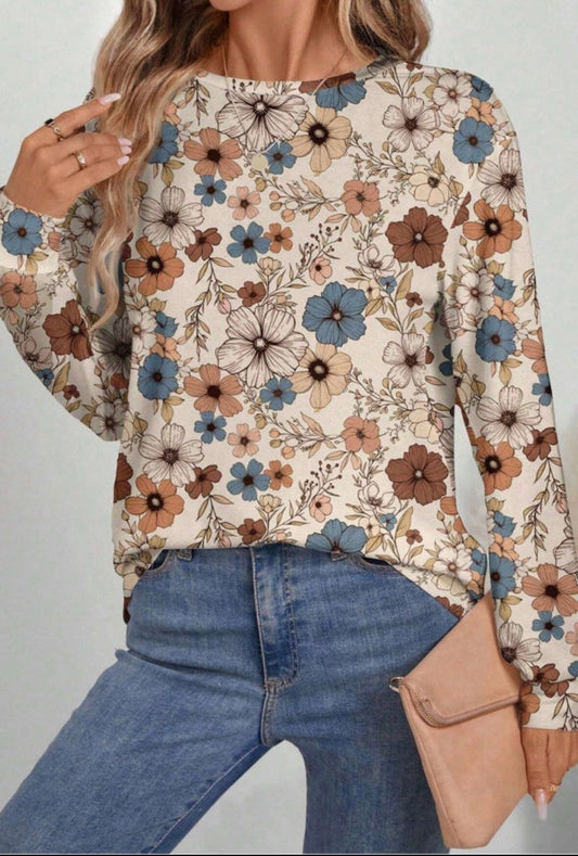 Khaki all over floral L/S top