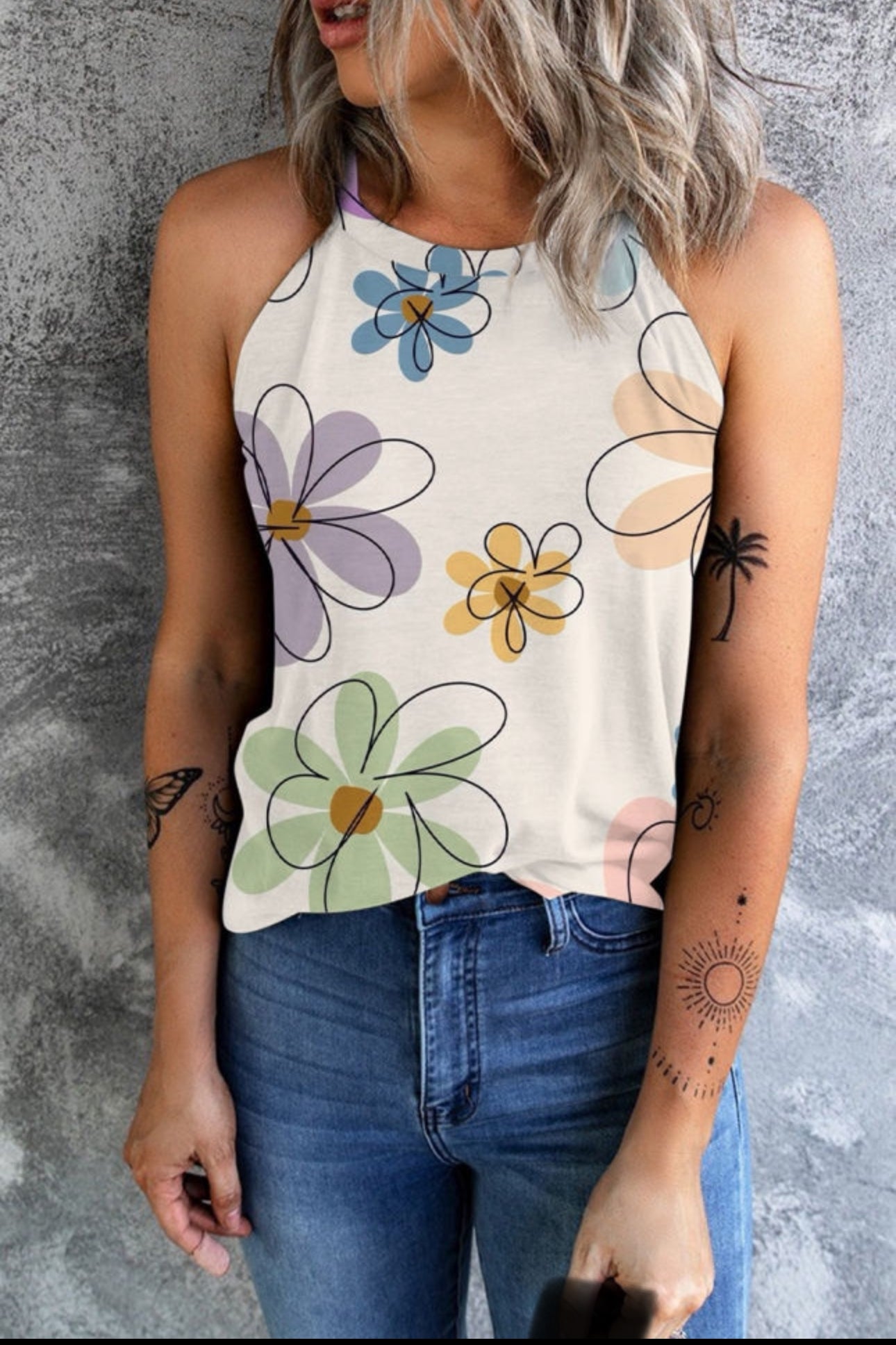 Flower print round neck tank