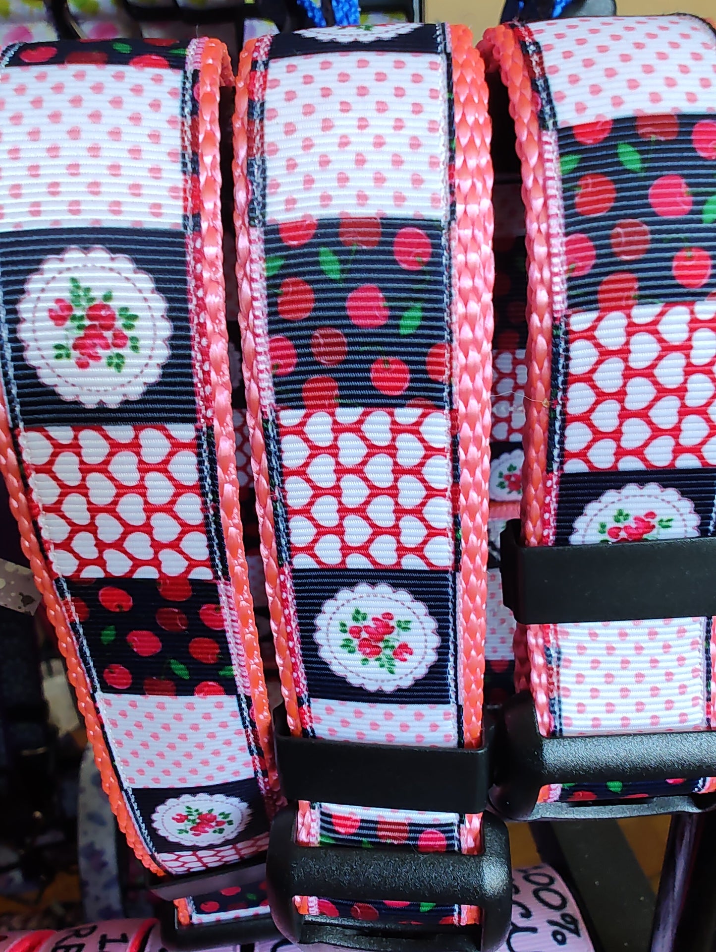 Patchwork Cherries Pink Nylon Dog Collar MD, LG, XL, Leash