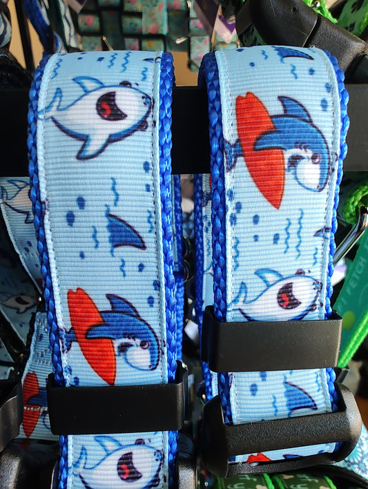 Surfer Sharks Blue Nylon Dog Collar MD, LG, XL, Leash