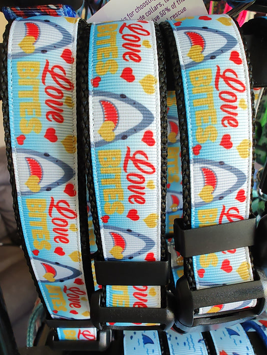 Love Bite Sharks Black Nylon Dog Collar MD, LG, XL, Leash