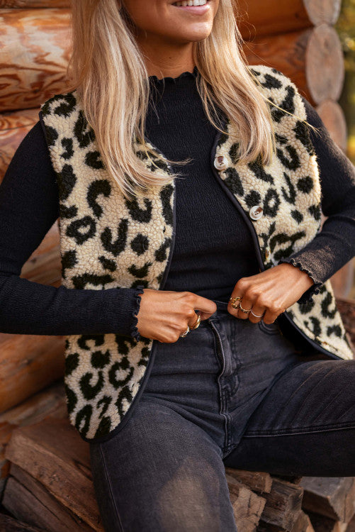 Black Leopard Print Sherpa Button Front Vest Coat