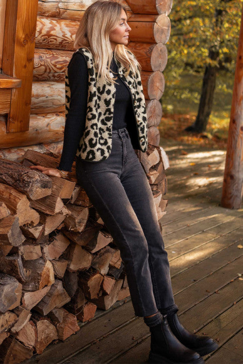 Black Leopard Print Sherpa Button Front Vest Coat