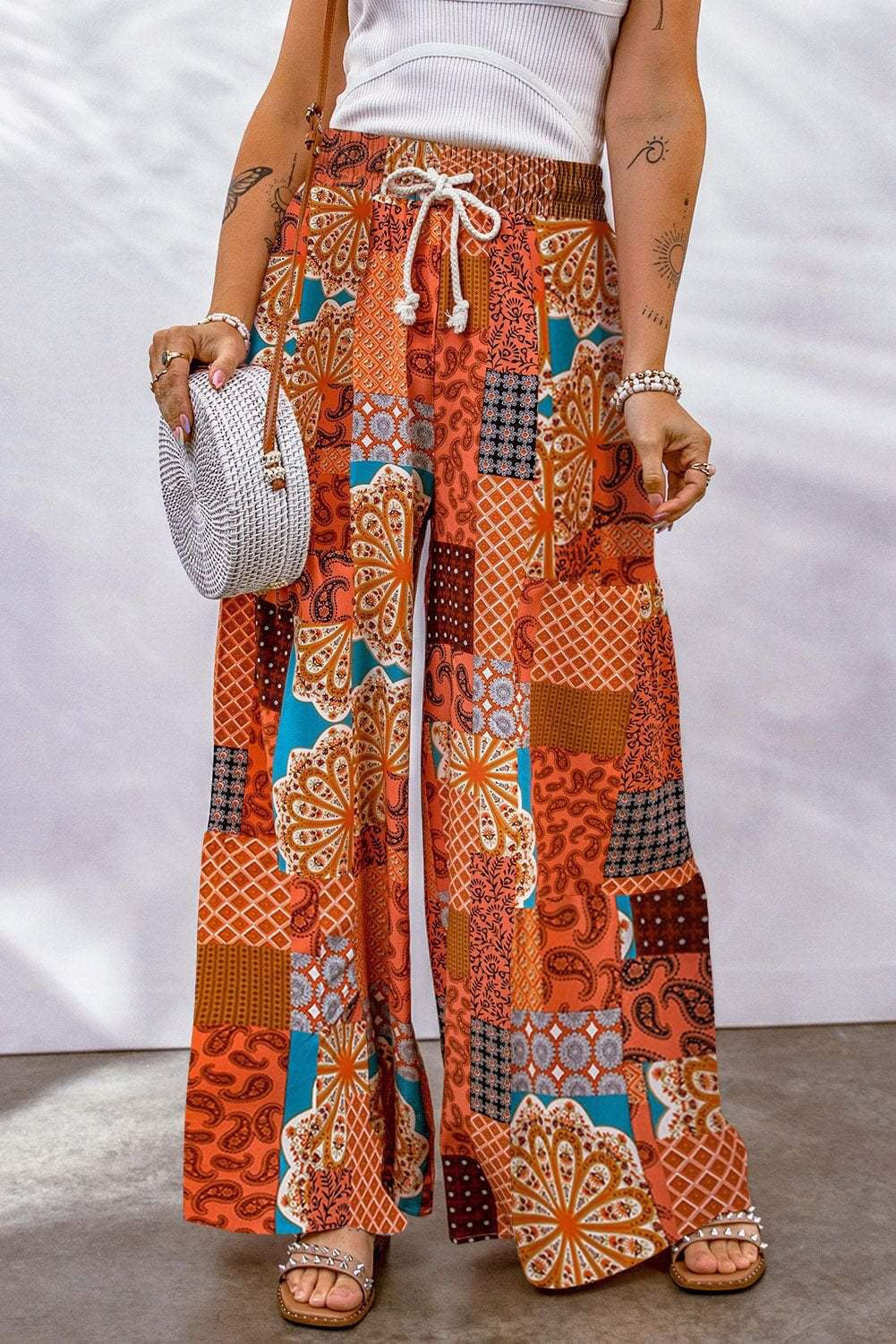 Orange Boho Wide Leg Pants