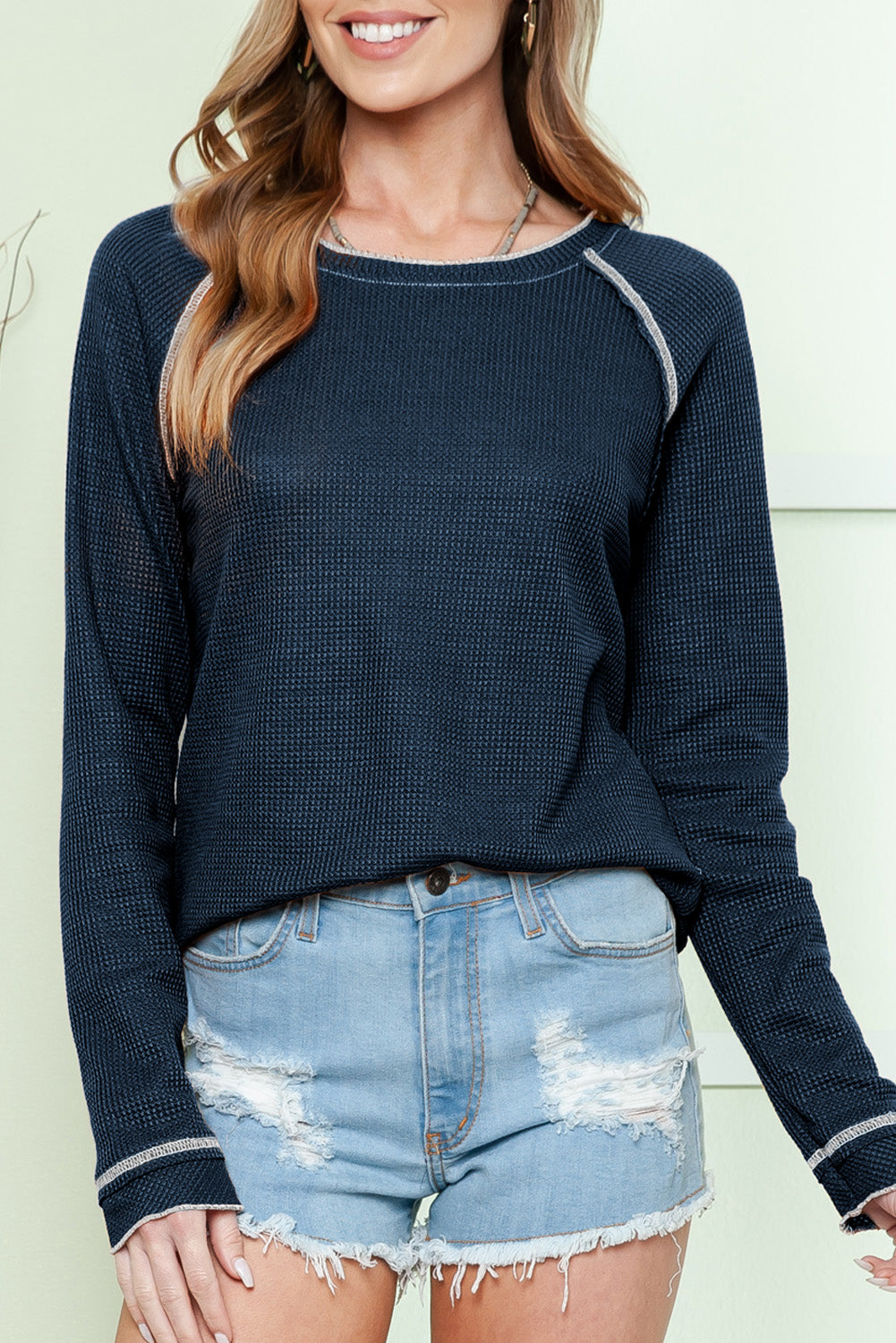 Blue Exposed Seam Textured Pullover Long Sleeve Top