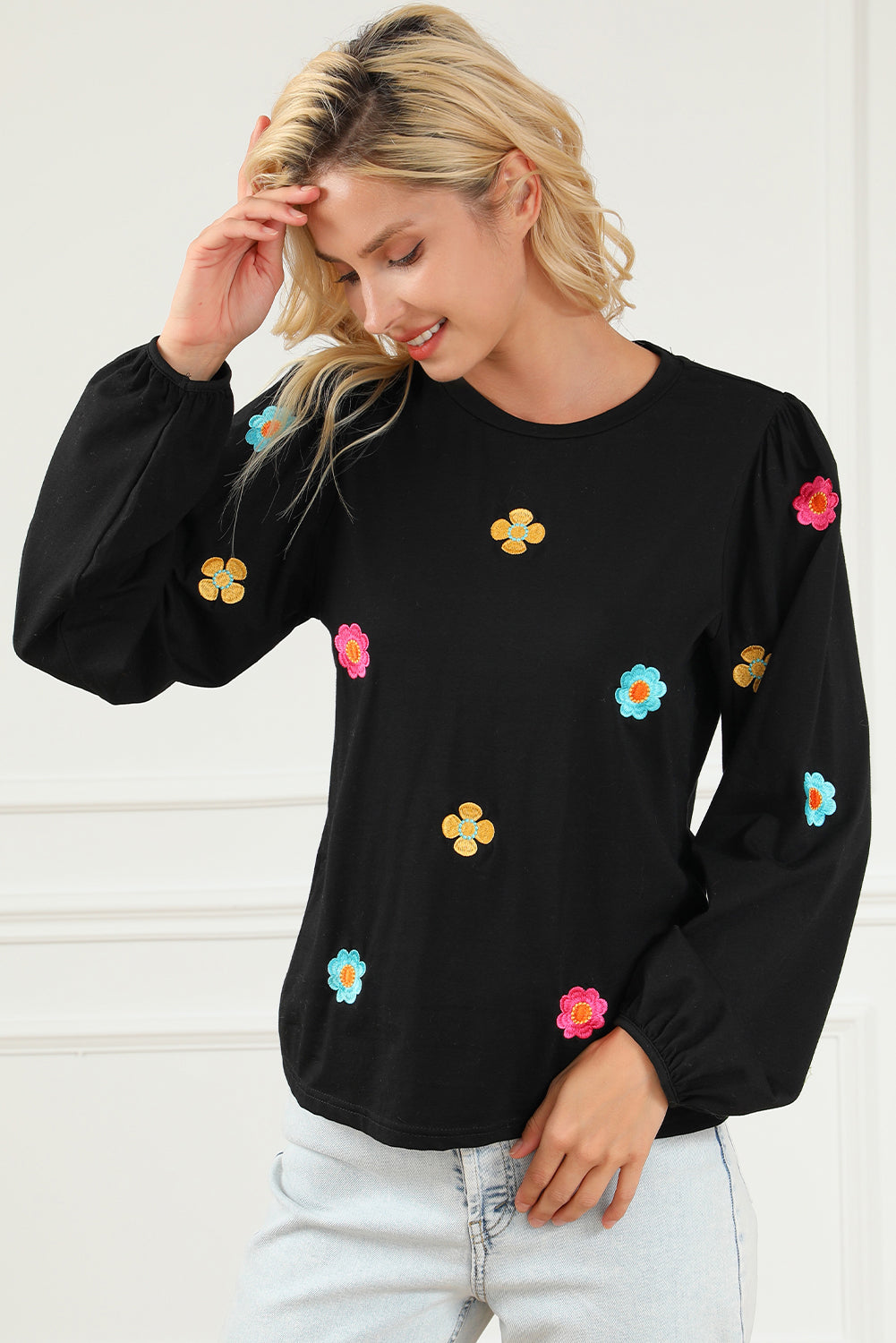 Black Floral Embroidered Puff Sleeve Top