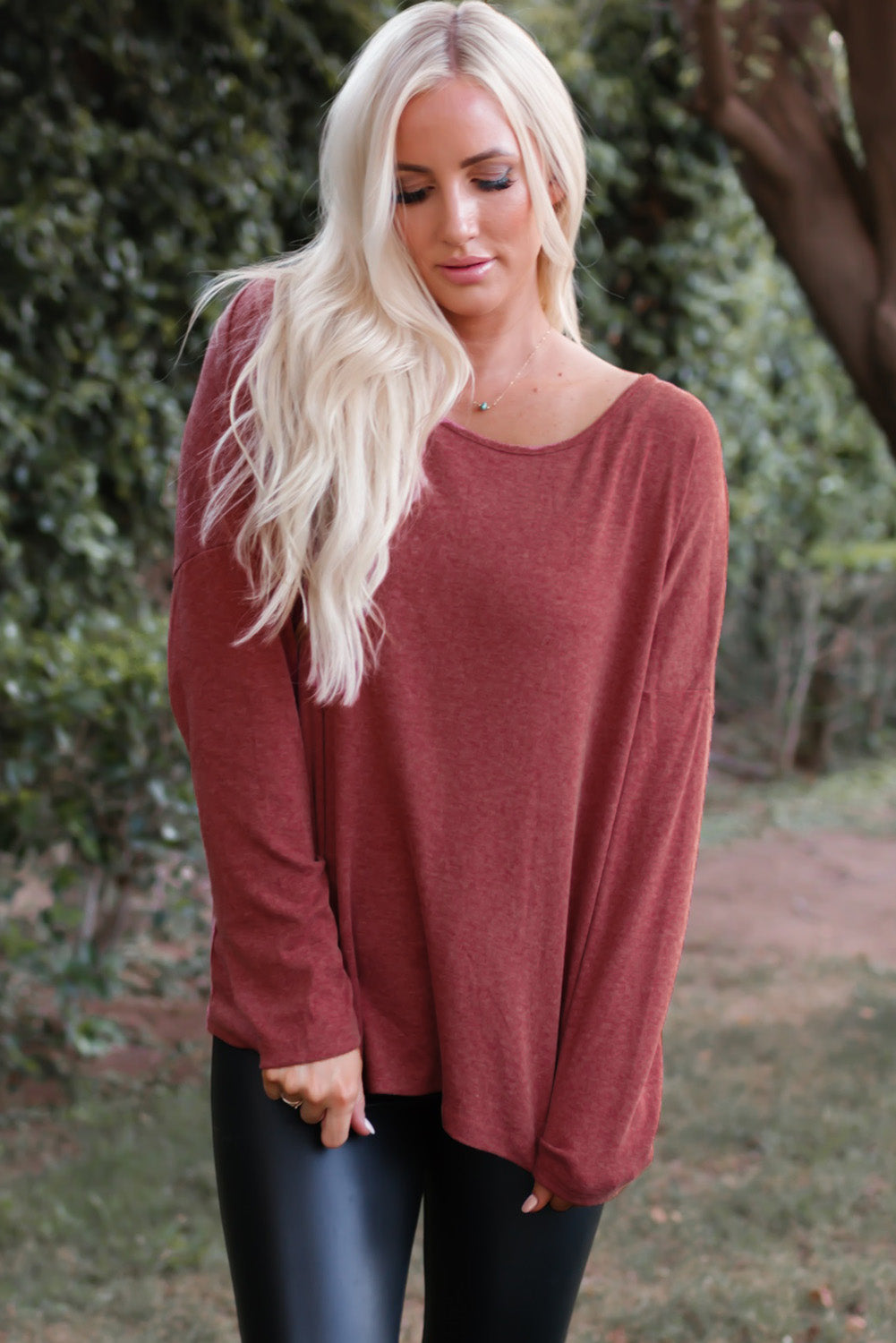 Pink Hollow-out Ruched Back Long Sleeve Top