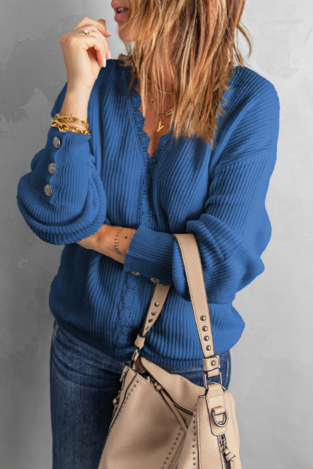 Blue Lace V Neck Knitted Pullover Sweater