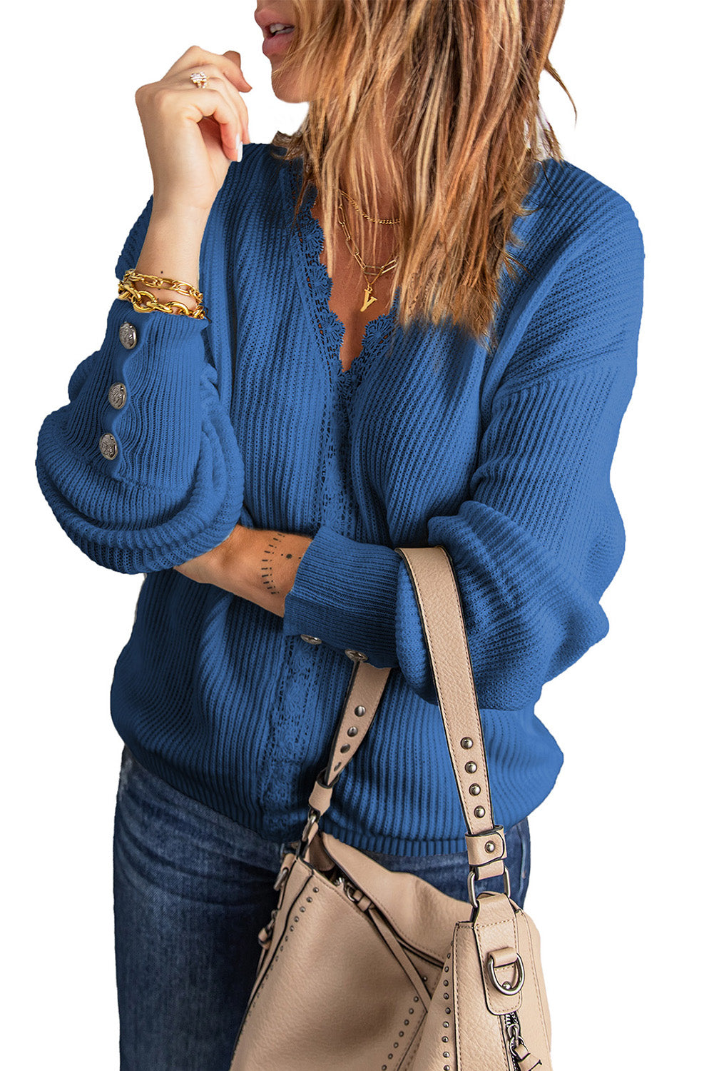 Blue Lace V Neck Knitted Pullover Sweater