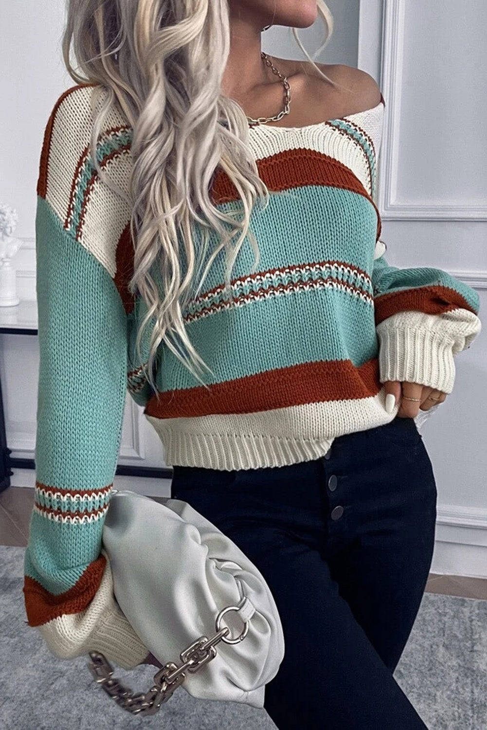 Sky blue and rust v neck sweater