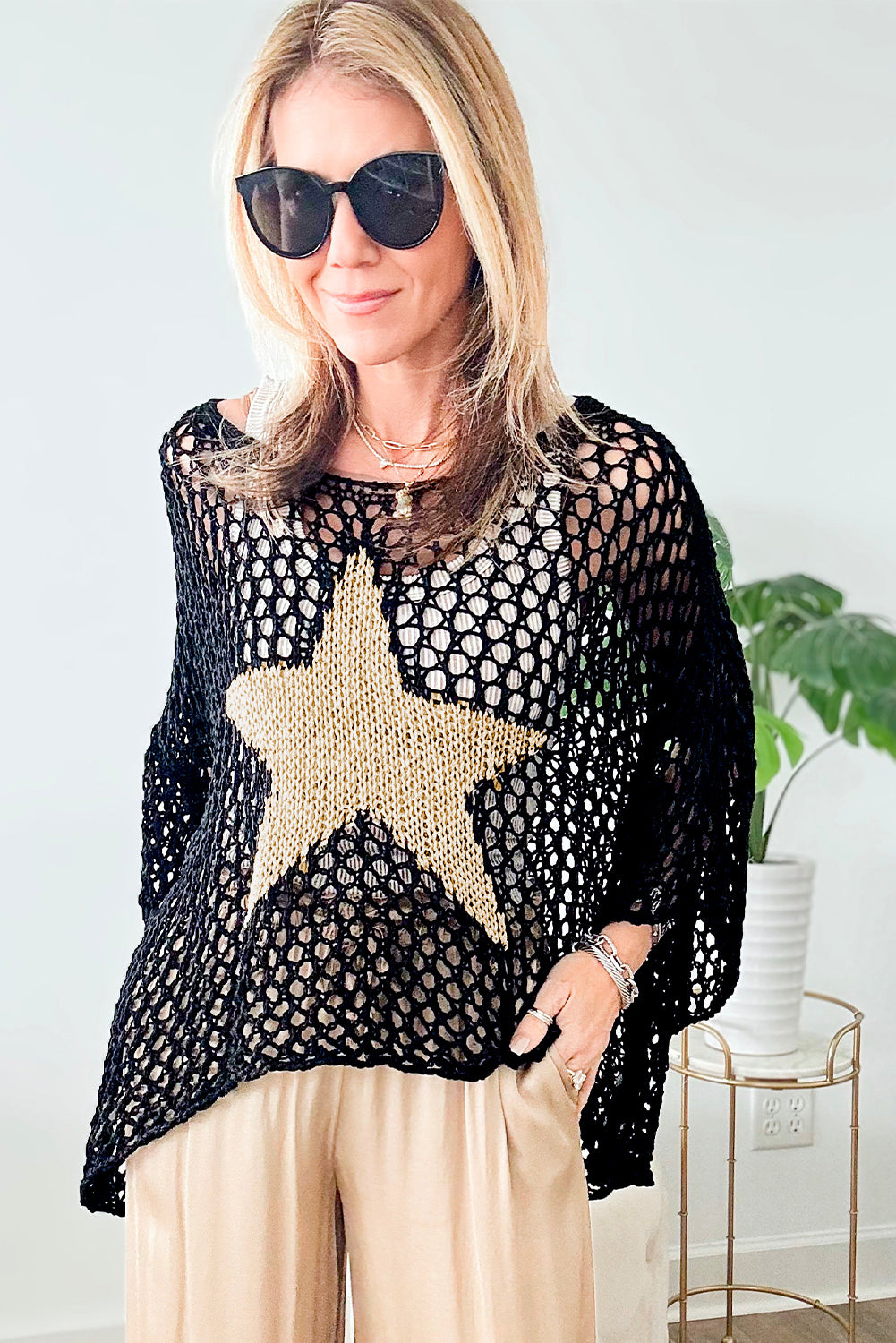 Black Star Hollow Knitted Oversized Summer Tee