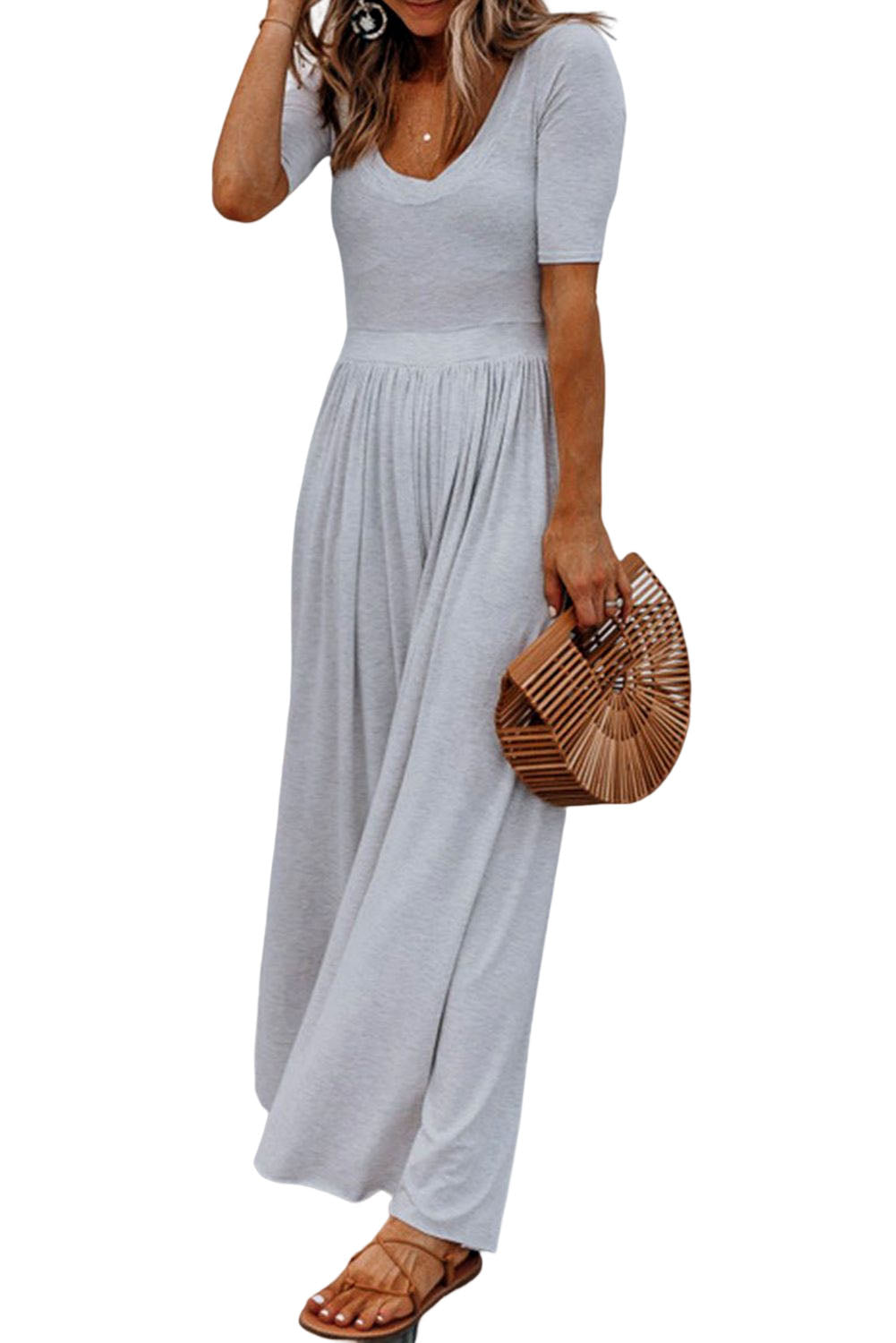 Gray Short Sleeve Bodice Flowy Wide Leg Jumpsuit Hippy Dippy