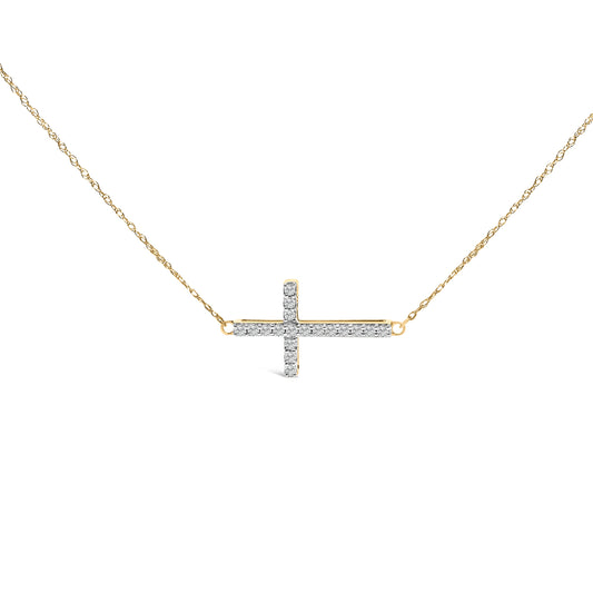 10K Yellow Gold 1/5 Cttw Diamond Sideways Cross Pendant Necklace
