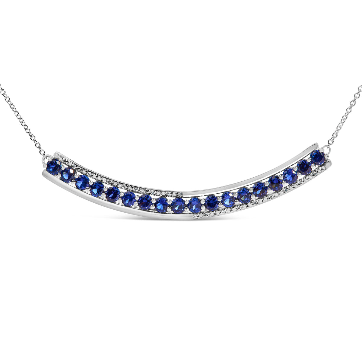 .925 Sterling Silver Diamond Accent and Round Blue Sapphire Gemstone Necklace