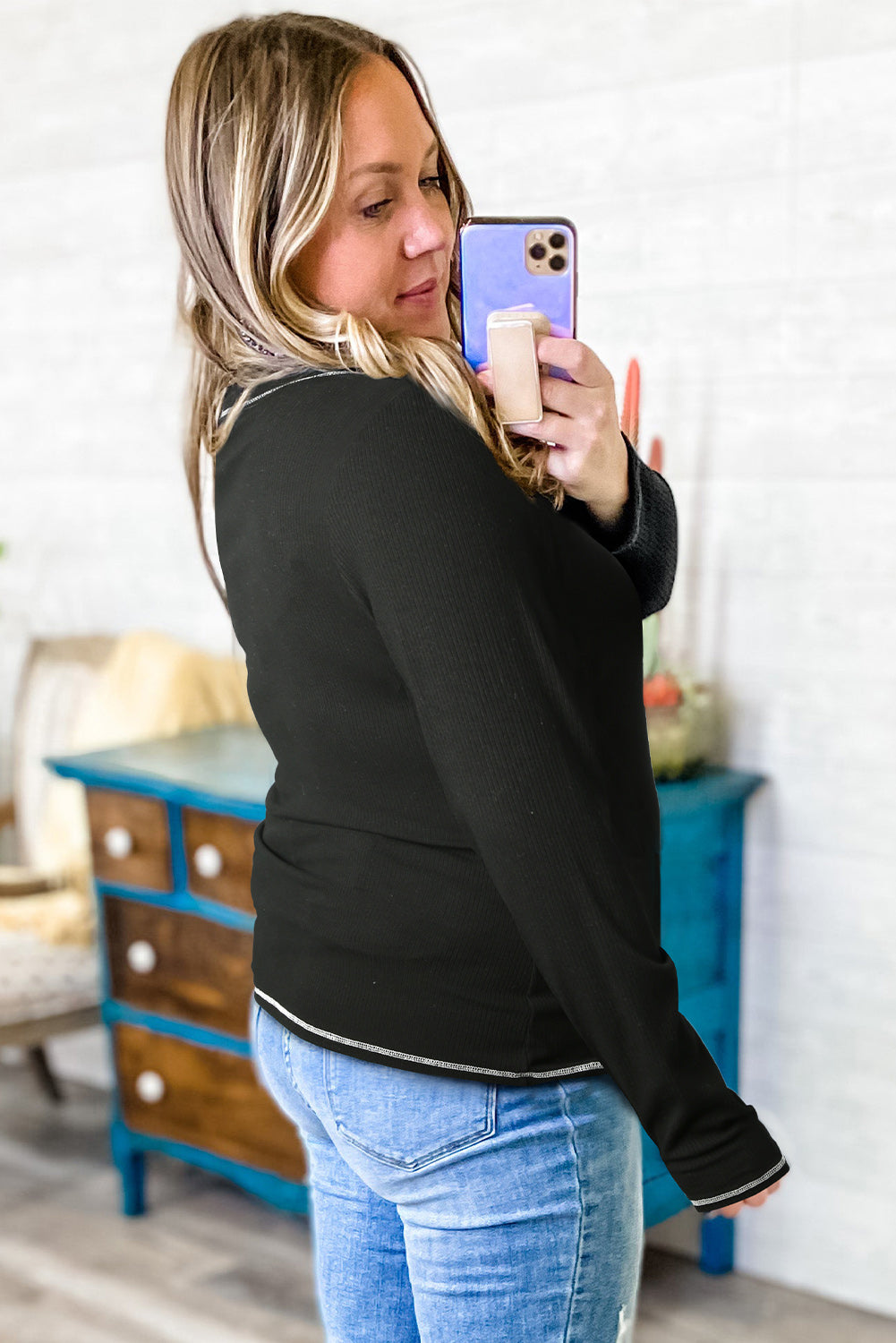 Plus sized Contrasting TopStitch Henley
