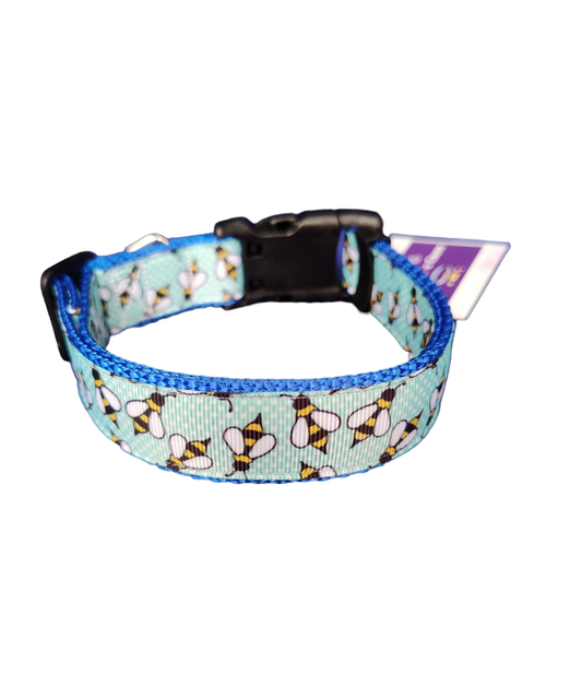Blue Bees Blue Nylon Dog Collar MD, LG, XL, Leash