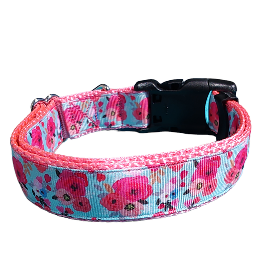 Pink Floral Nylon Dog Collar MD, LG, XL, Leash