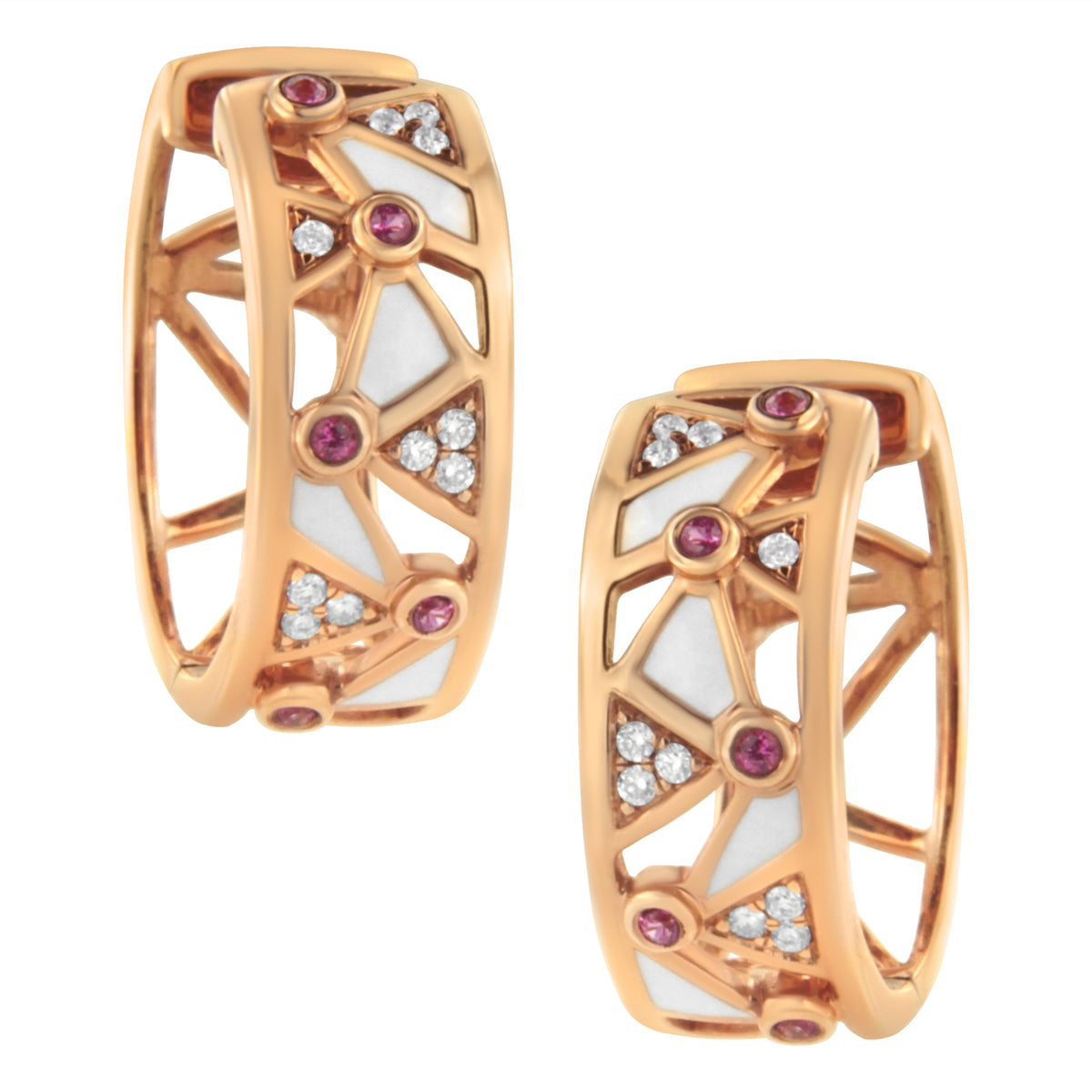 14K Rose Gold 1/6 Cttw Diamond and Pink Tourmaline White Enamel Geometric Hoop Earrings