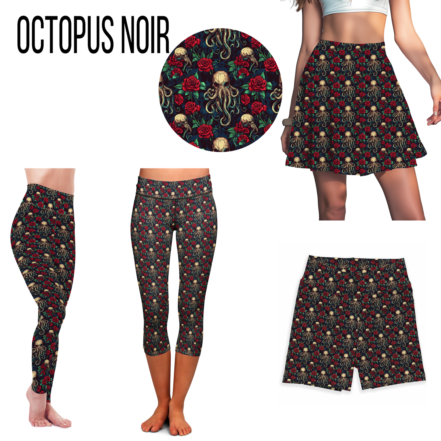 Octopus Noir Leggings- Full Length, Capri  or Skort - Pre Order