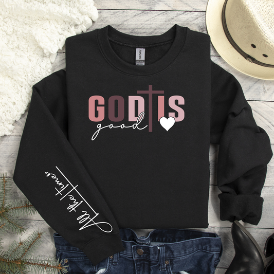 God Is Good with sleeve Affirmation   Long Sleeve Graphic Tee