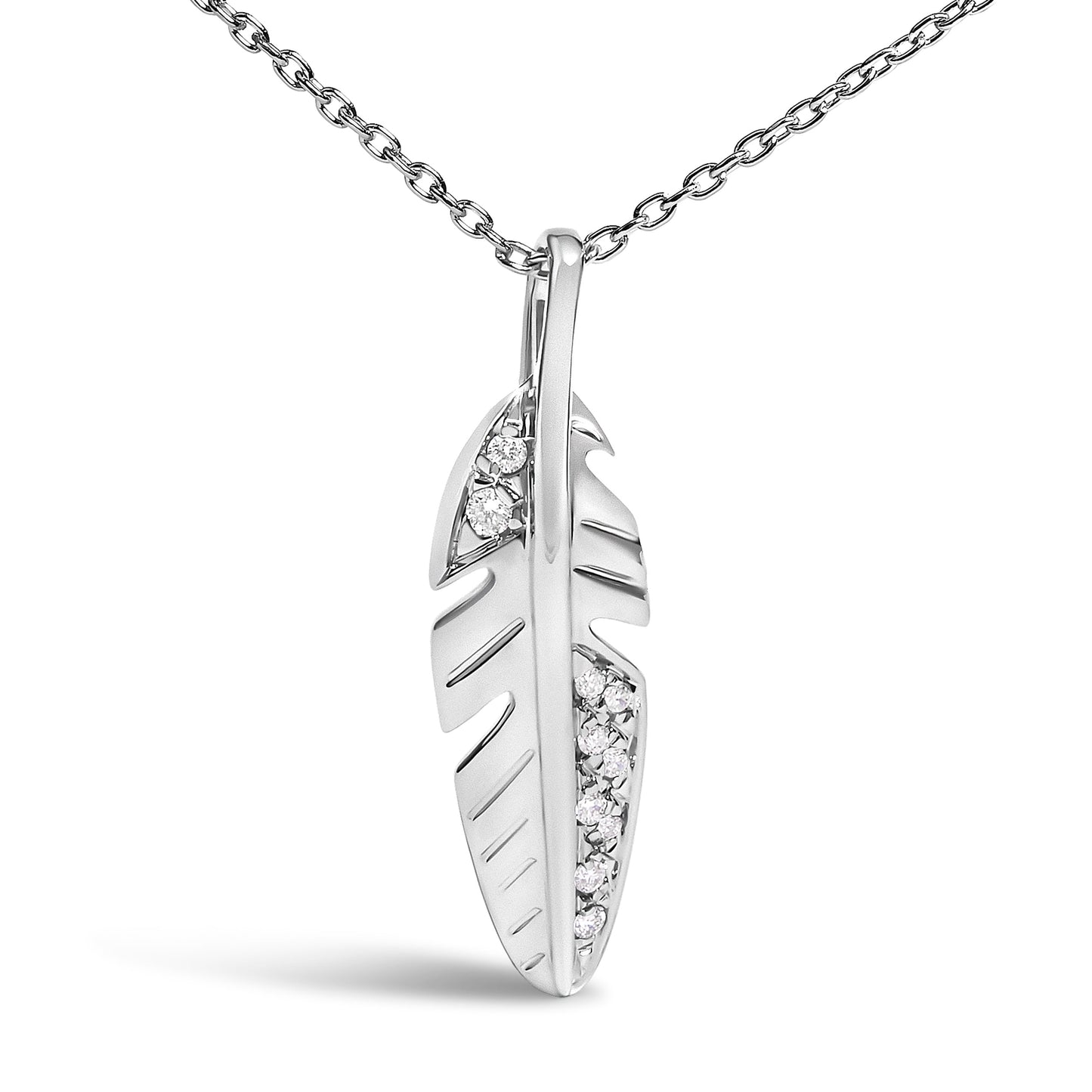 14K White Gold Diamond Accent Feather Pendant Necklace