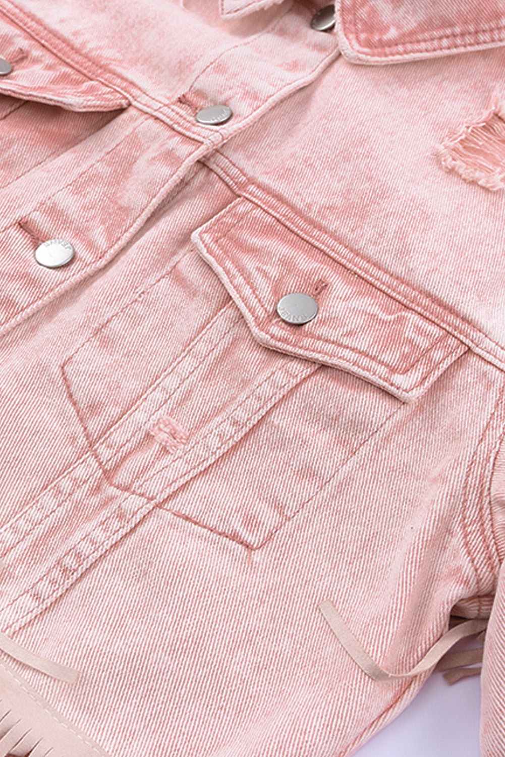 Pink Distressed Ripped Fringe Hem Cropped Denim Jacket