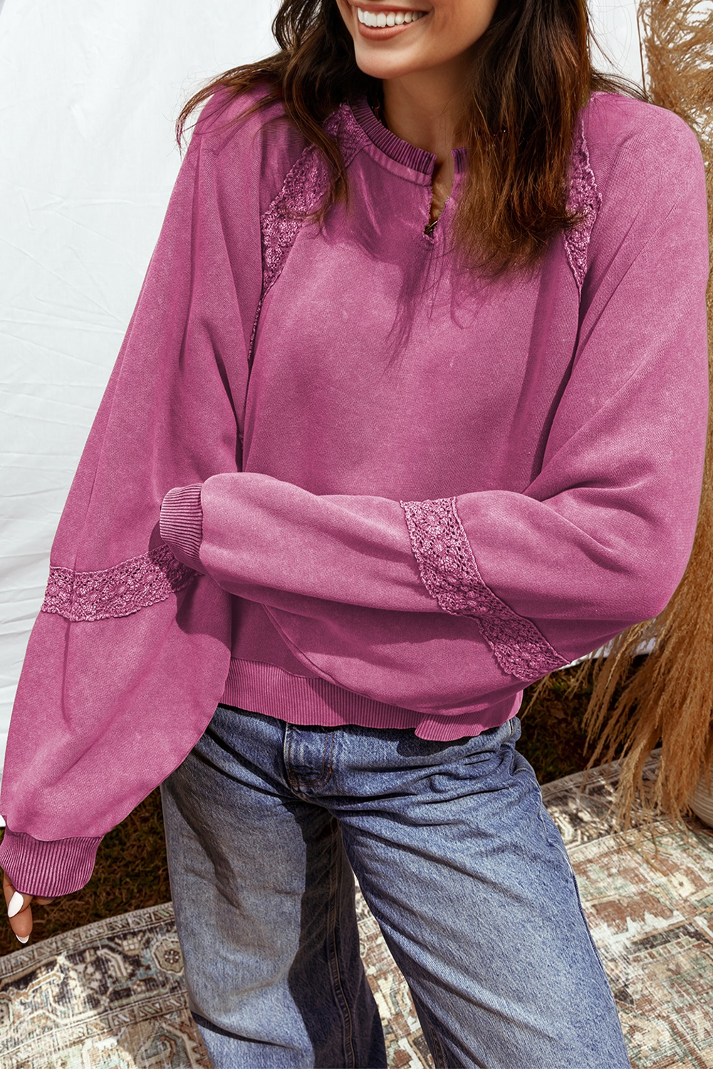 Red Dahlia Lace Applique Notched Neck Mineral Wash Baggy Sweatshirt
