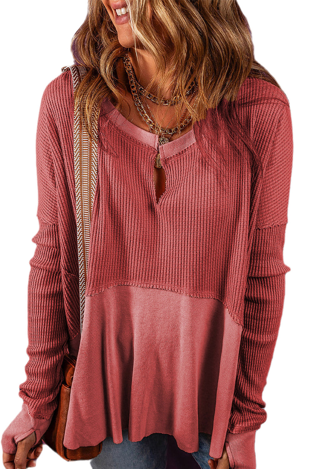 Waffle Knit Patchwork Exposed Seam Long Sleeve Top