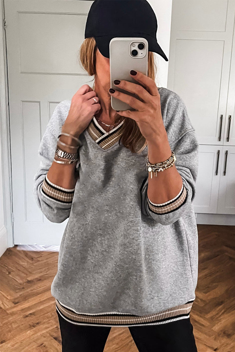 Parchment Varsity Contrast Trim V Neck Sweatshirt