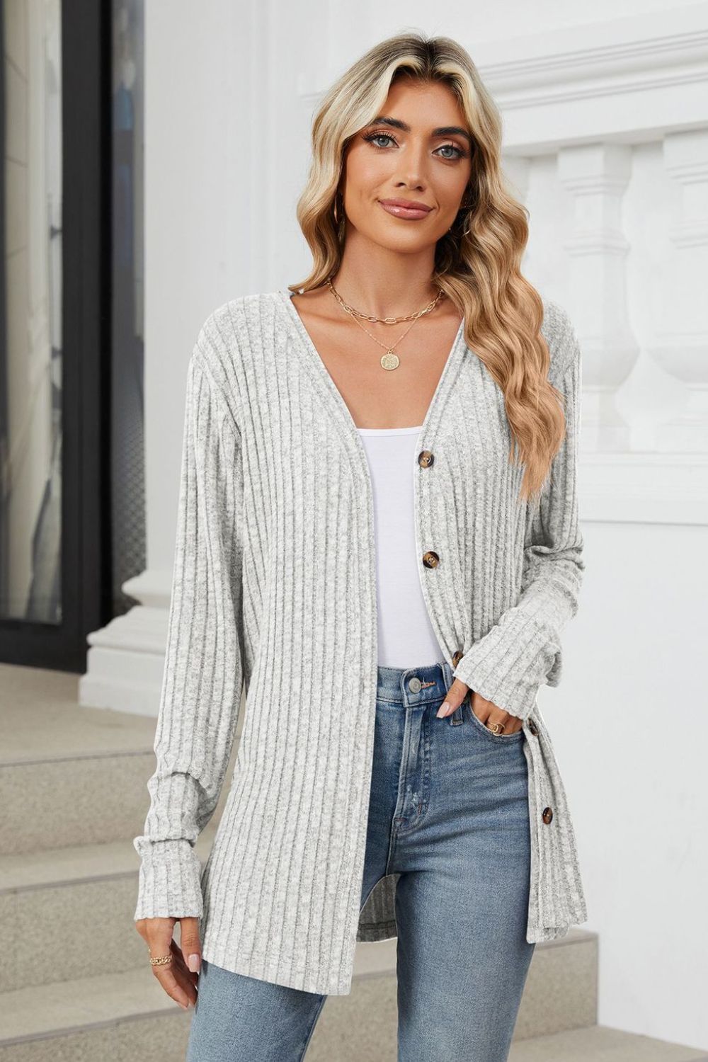 Ribbed Button Up Long Sleeve Cardigan