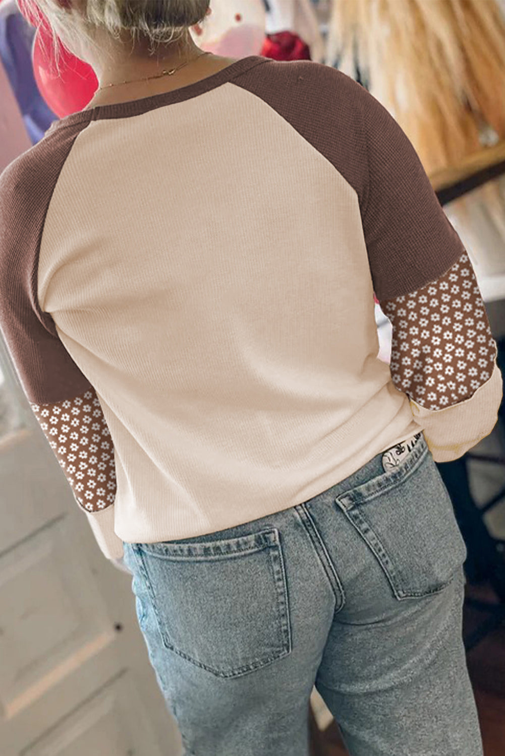 Brown Floral Print Patchwork Colorblock Long Sleeve Top