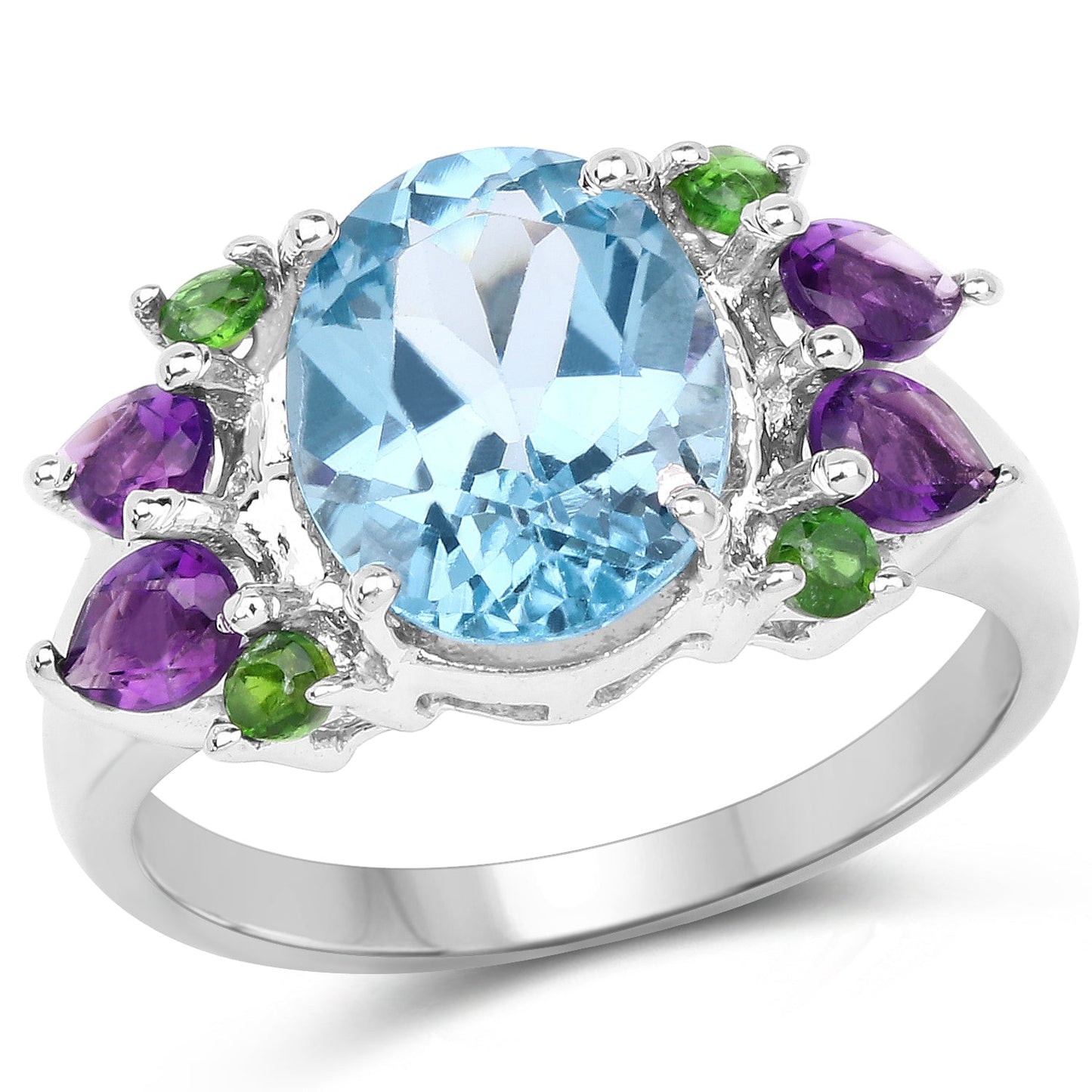 4.00 Carat Genuine Swiss Blue Topaz, Chrome Diopside & Amethyst .925 Sterling Silver Ring