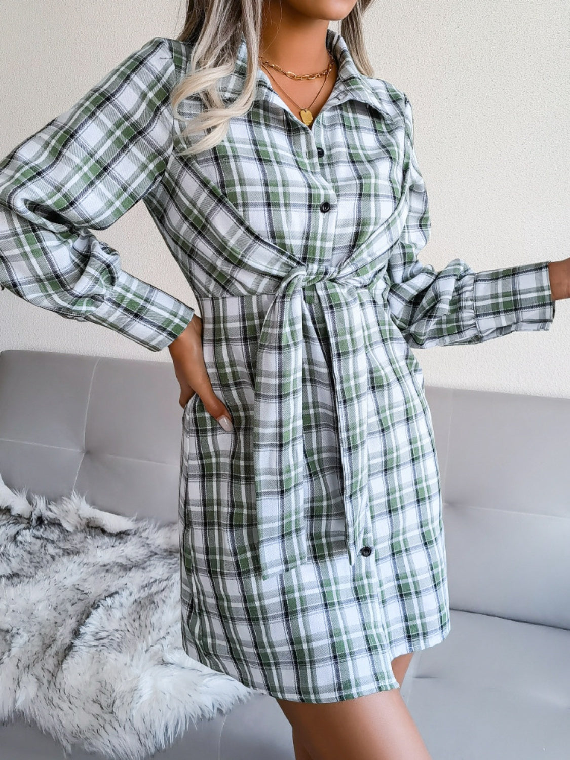 Tied Plaid Long Sleeve Mini Shirt Dress