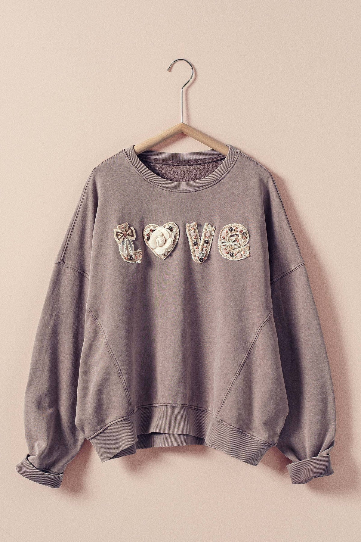 Boho "Love" Embellished Mineral Wash Sweatshirt