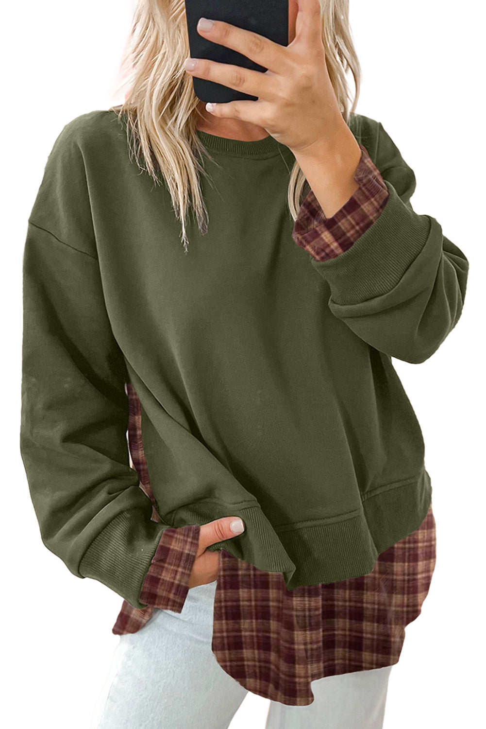 Moss Green Vintage Plaid Patchwork Drop Shoulder Sweatshirt