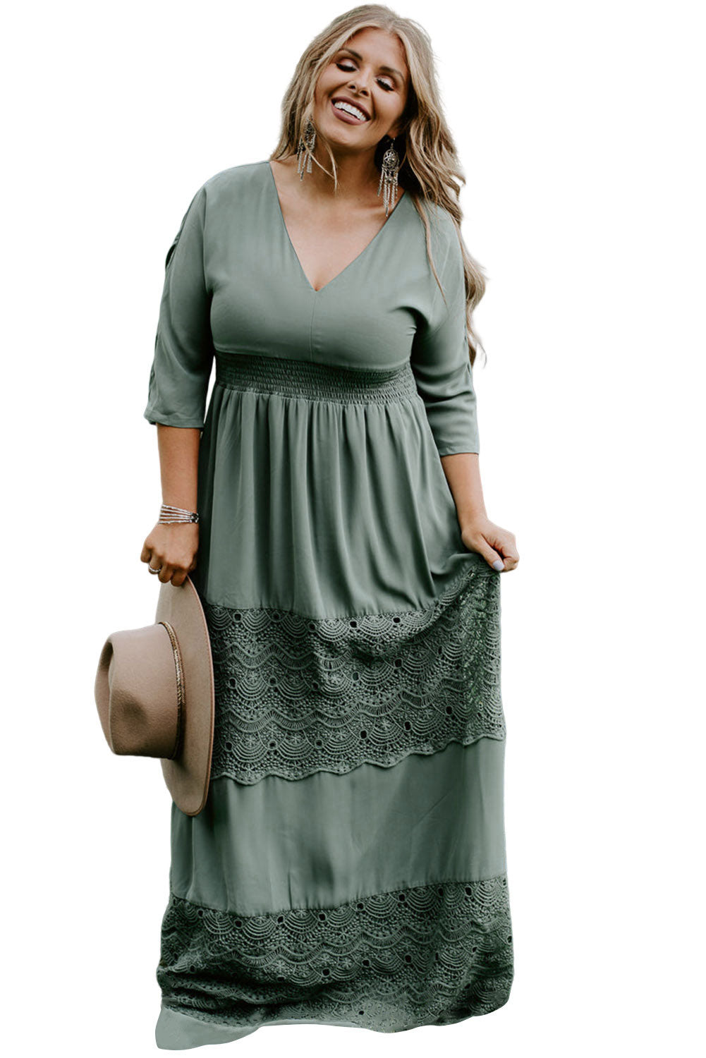 Mist Green Plus Size 3/4 Sleeve Smocked Lace Decor Maxi Dress
