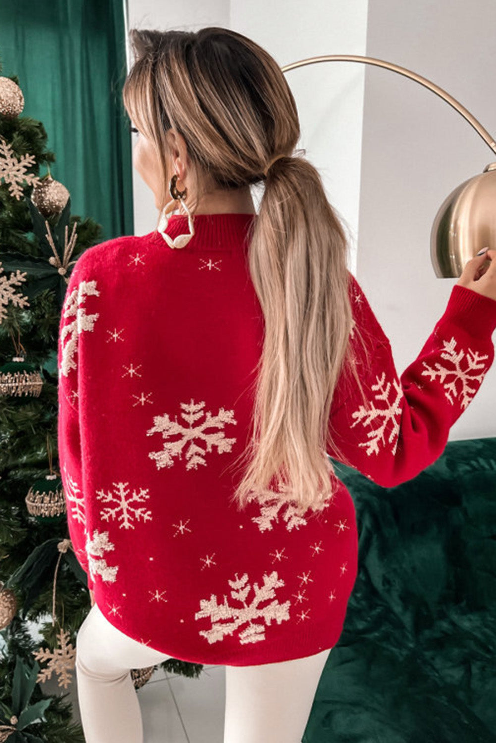 Red Christmas Snowflake Mock Neck Sweater