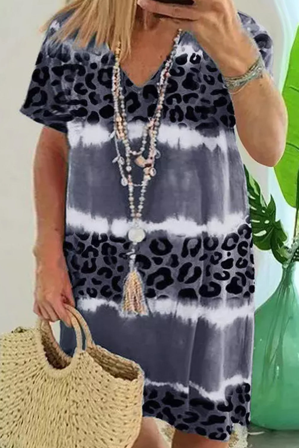 Leopard Color Block V Neck Plus Size T Shirt Dress