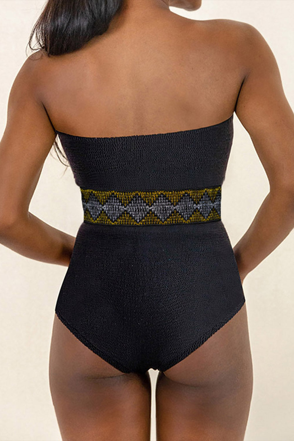 Black Geometric Splicing High Waist Strapless One Piece Swimsuit