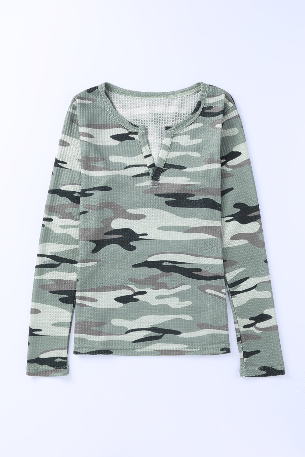 Green Camouflage Waffle Knit Split V Neck Long Sleeve Top