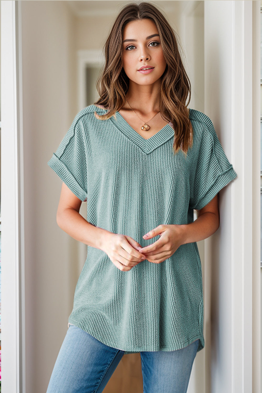 Textured V-Neck Short Sleeve Top