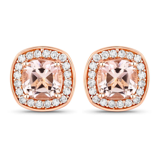 1.68 Carat Genuine Morganite and White Diamond 14K Rose Gold Earrings