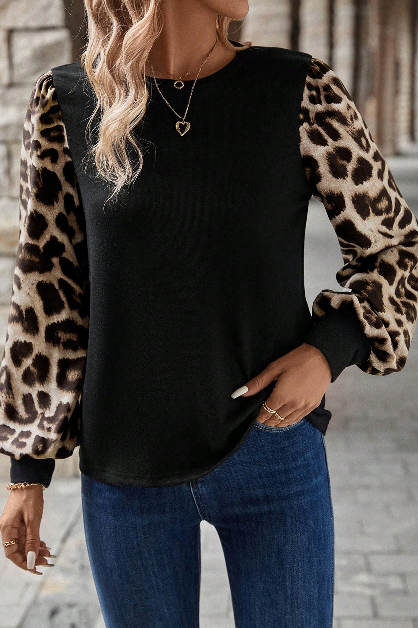 Apricot Flower Puff Sleeve Patchwork Top