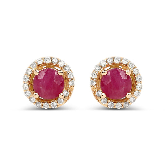 0.71 Carat Genuine Ruby and White Diamond 14K Yellow Gold Earrings