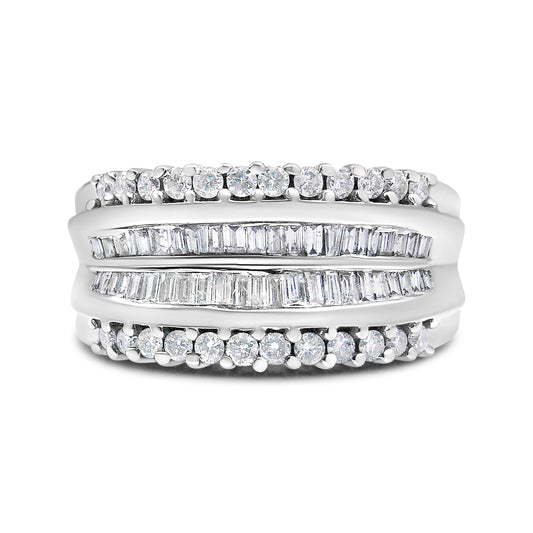 14K White Gold 1.00 Cttw Round and Baguette-Cut Diamond Modern Band Ring (H-I Color, SI2-I1 Clarity) - Ring Size 7