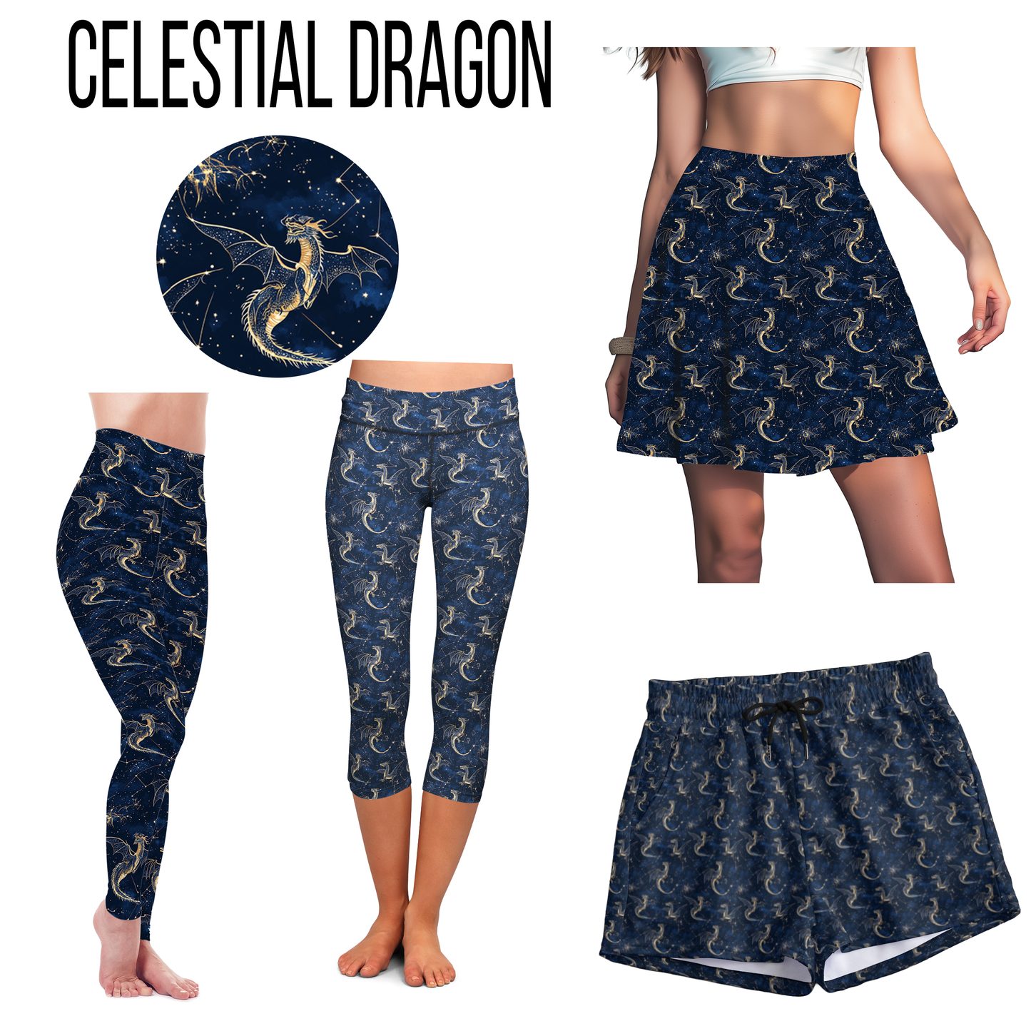 Celestial Dragon Leggings Full Length, Capri , Jogger Shorts,  or Skort Pockets - Pre Order