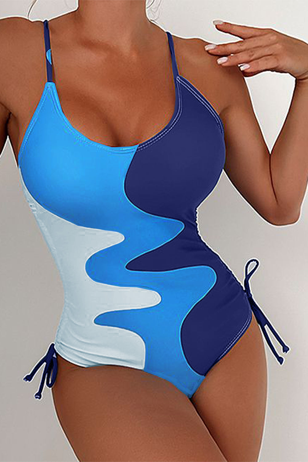 Sky Blue Color Block Drawstring Sides One Piece Swimsuit