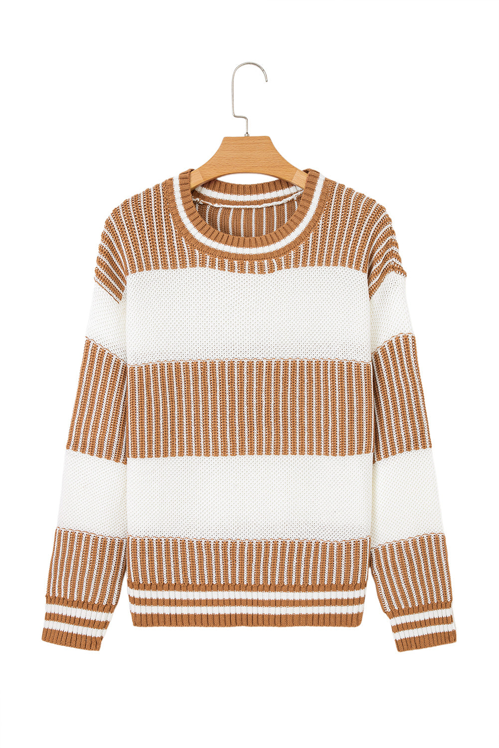 Light Blue Two Tone Striped Patchwork Drop Shoulder Sweater